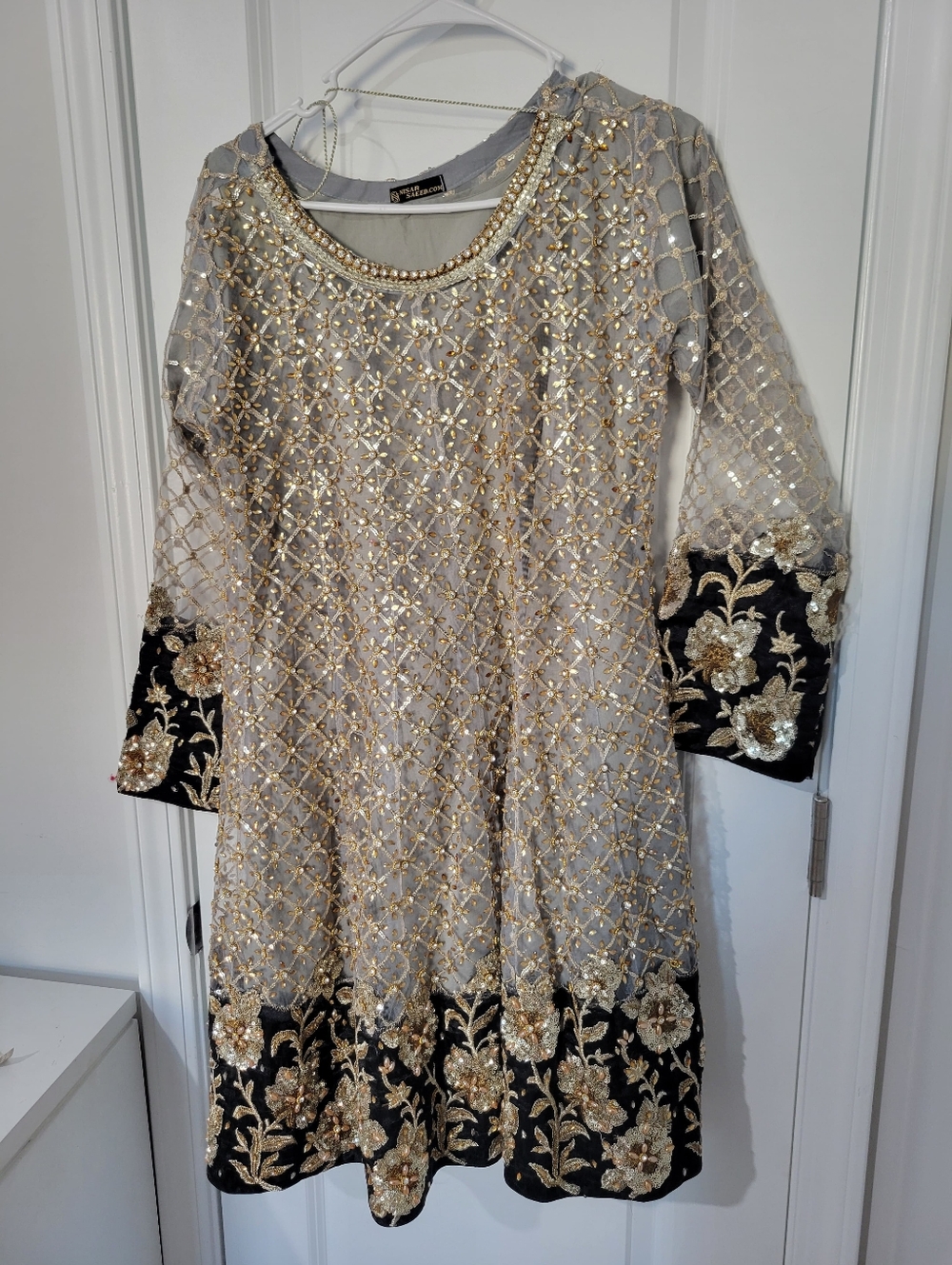 Pakistani Dress- Embellished Grey & Gold Women's Dress with Black Floral Hem